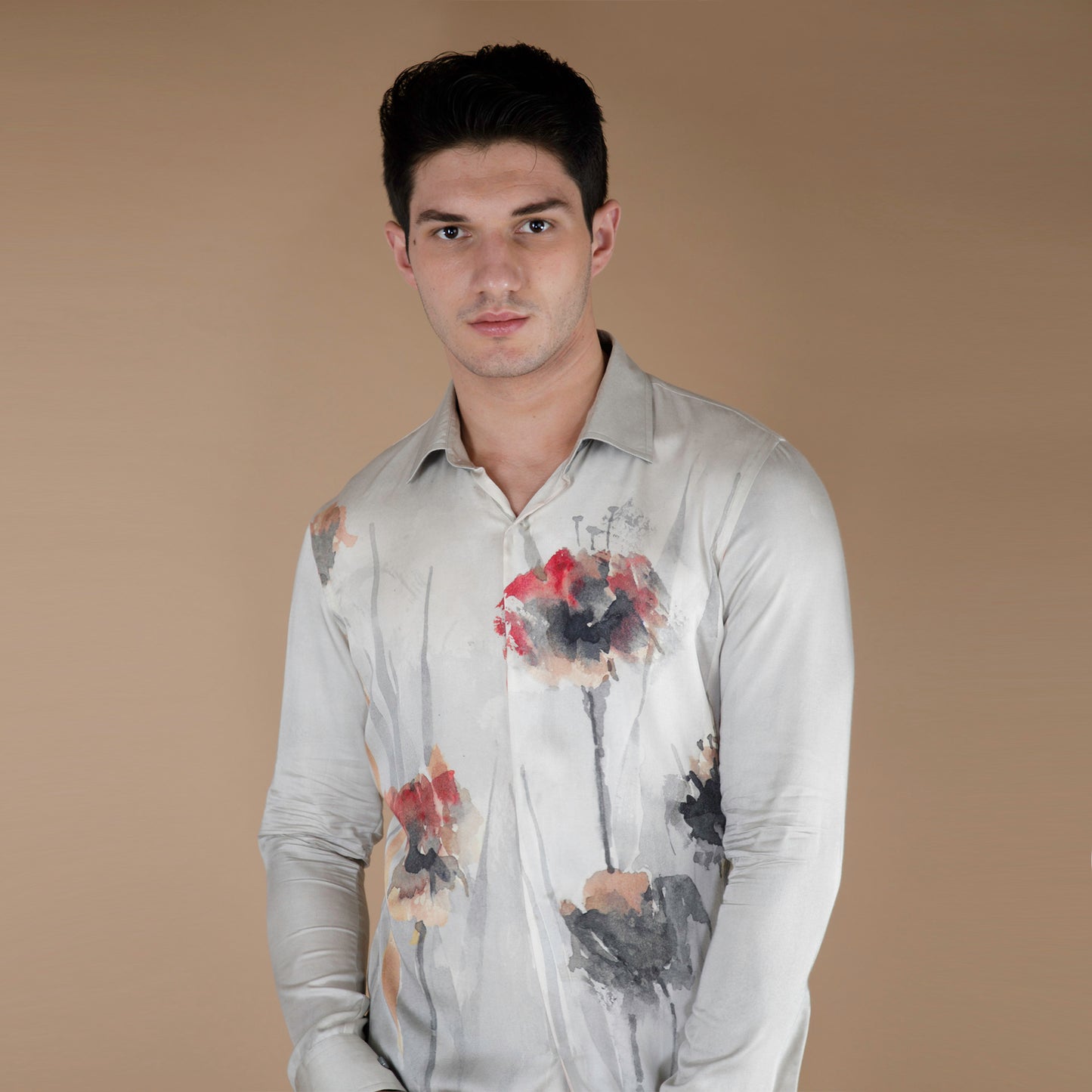 Global Medium Size model wearing an organic lotus silk fabric shirt in cream grey base and floral print on it. 