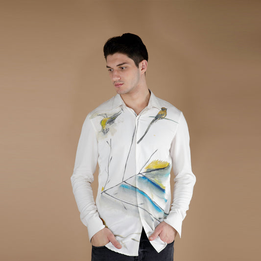 ORGANIC LOTUS FABRIC SHIRT WITH MULTICOLOR LEAF AND BIRD PRINT