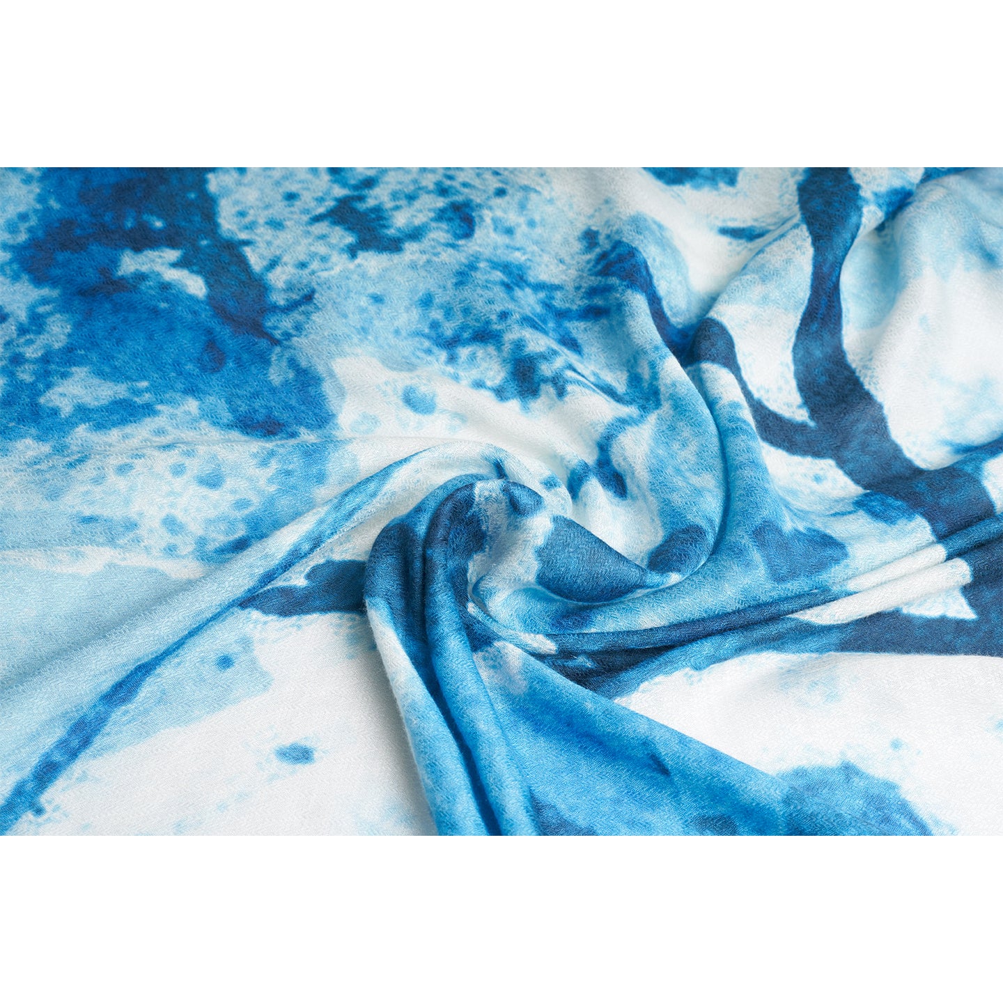 Square scarf crafted in Blue and White color with wild misty print of leaves and rain drops, with two solid color borders.