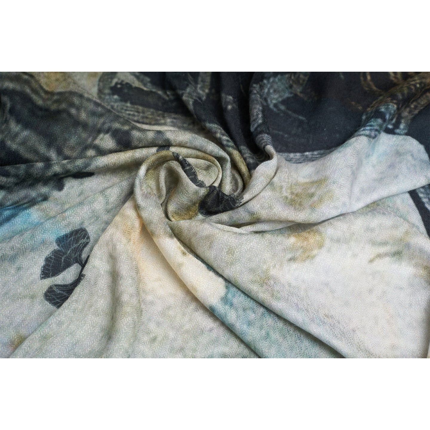  Sina Organic Aloe Vera Fabric Scarf, inspired by the timeless elegance of our Antique Reminiscence Collection. This exquisite scarf features hand-painted artwork depicting Royal Poinciana petals in various shapes and sizes, set against a sophisticated grey-gold background. 