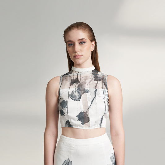 PRINTED PANELLED  ORGANIC TOP WITH ORGANZA